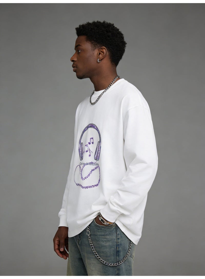 ليرين Purple Headphones Music Graphic Long Sleeve  Purple Headphones Music Graphic Long Sleeve Tee | UniseTee | Unisex Oversized Couple T-Shirt For Street & Daily Style - Image 1